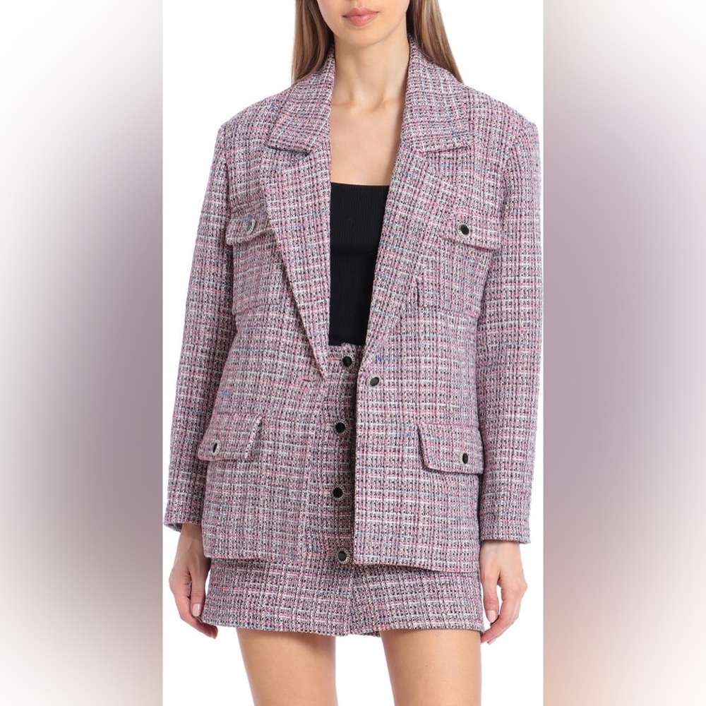 Avec Le Filles Single Breasted Tweed Crystal Button Blazer Pink Metallic Size M